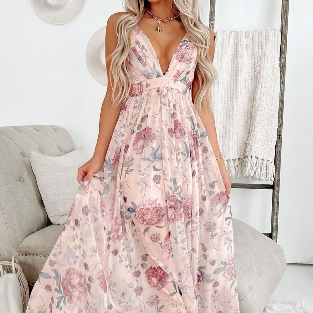 Pink Boho Style Women's Floral Deep V-Neck High Waist Sleeveless Dress